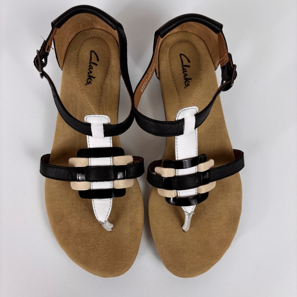 Clarks Leather Sandals T-Strap Wedge Gladiator Thong Sandal Black White Size 9